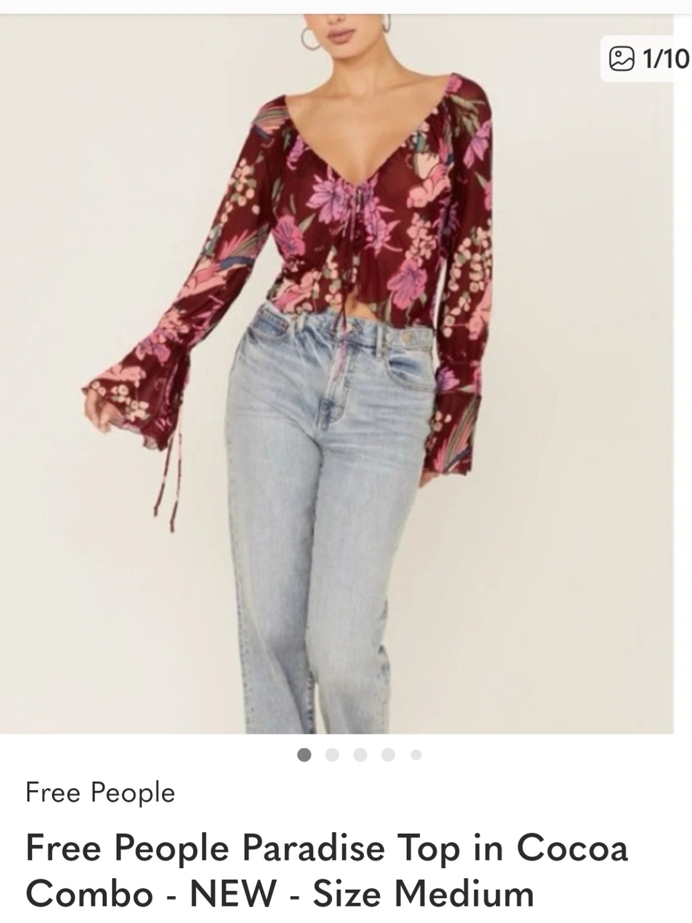 Free People Cocoa Floral Tie-Front Long Sleeve Top